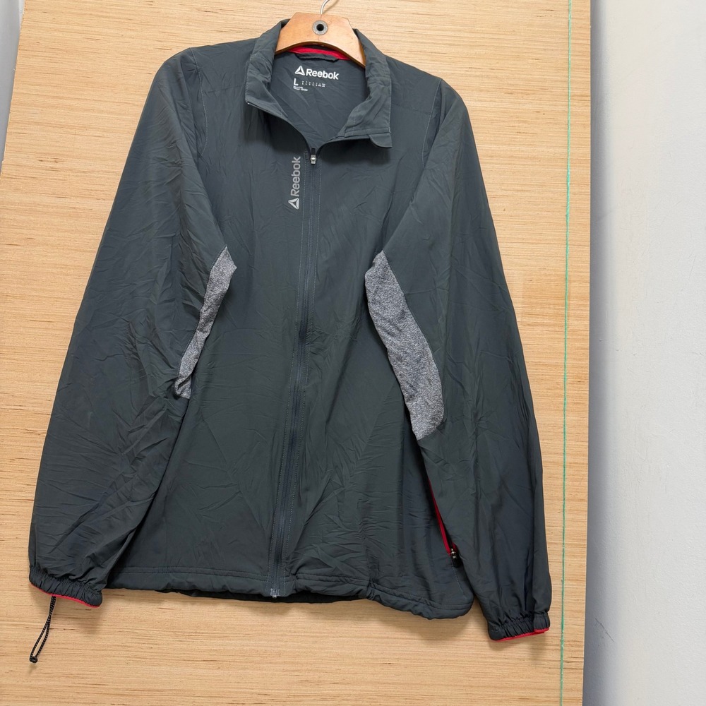 Reebok Mens PlayDry Full Zip Windbreaker Jacket Gray Red Large Laser Cut Vents